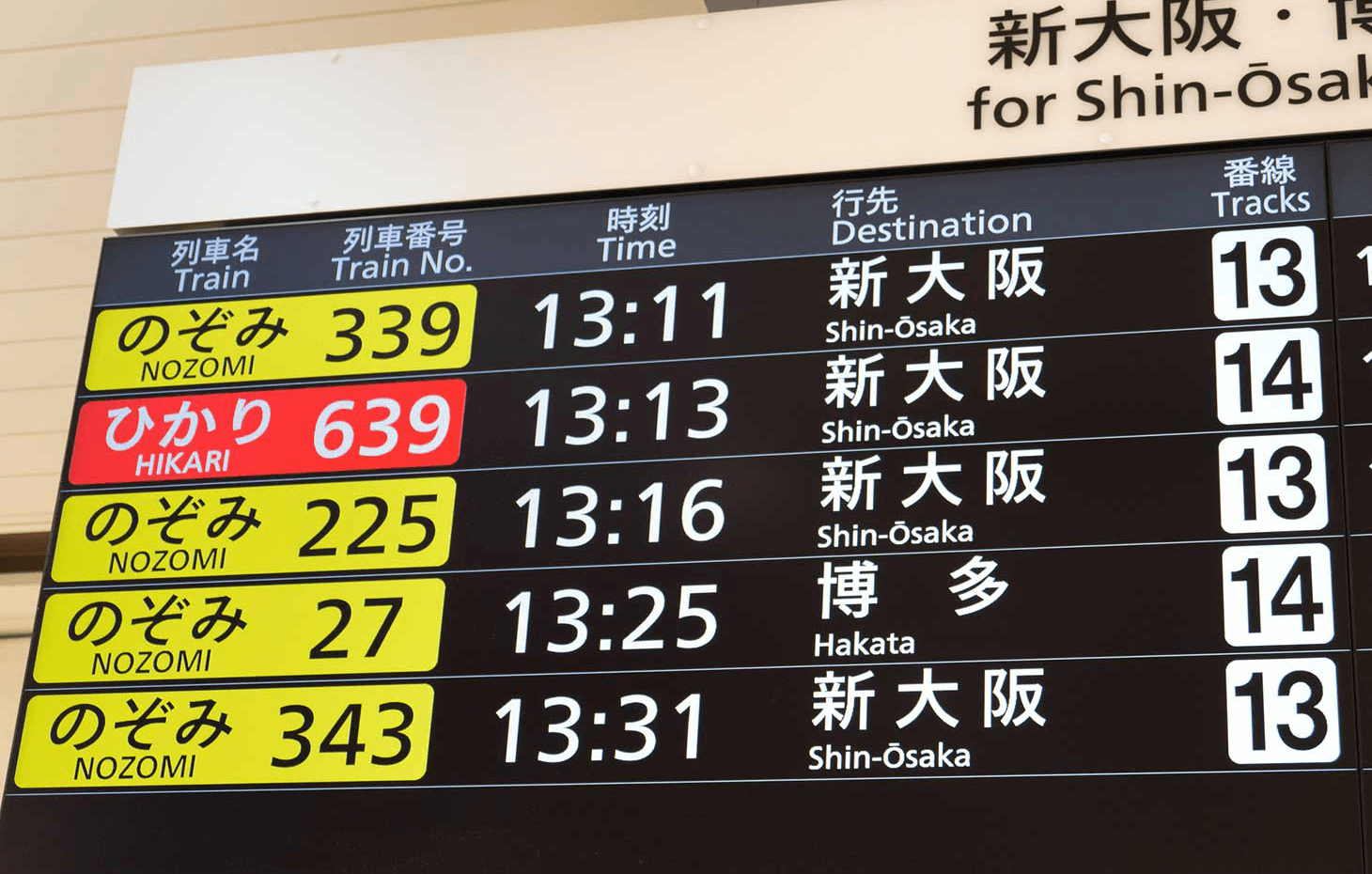 Panel de salidas del tren bala Tokaido Shinkansen desde la estación de Kioto a Osaka.
